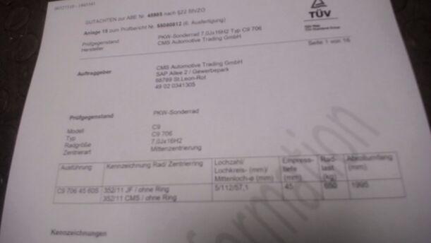 Foto: ALUFELGENSATZ 7X16 ET45 KBA 45985 eines VW Golf 1.9 TDI Ghia